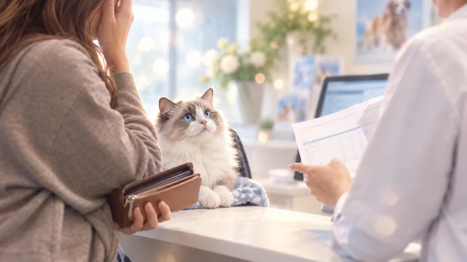 動物病院の会計窓口で、診療費の説明を受ける飼い主と飼い主を見上げるラグドールの仔猫のイメージ
