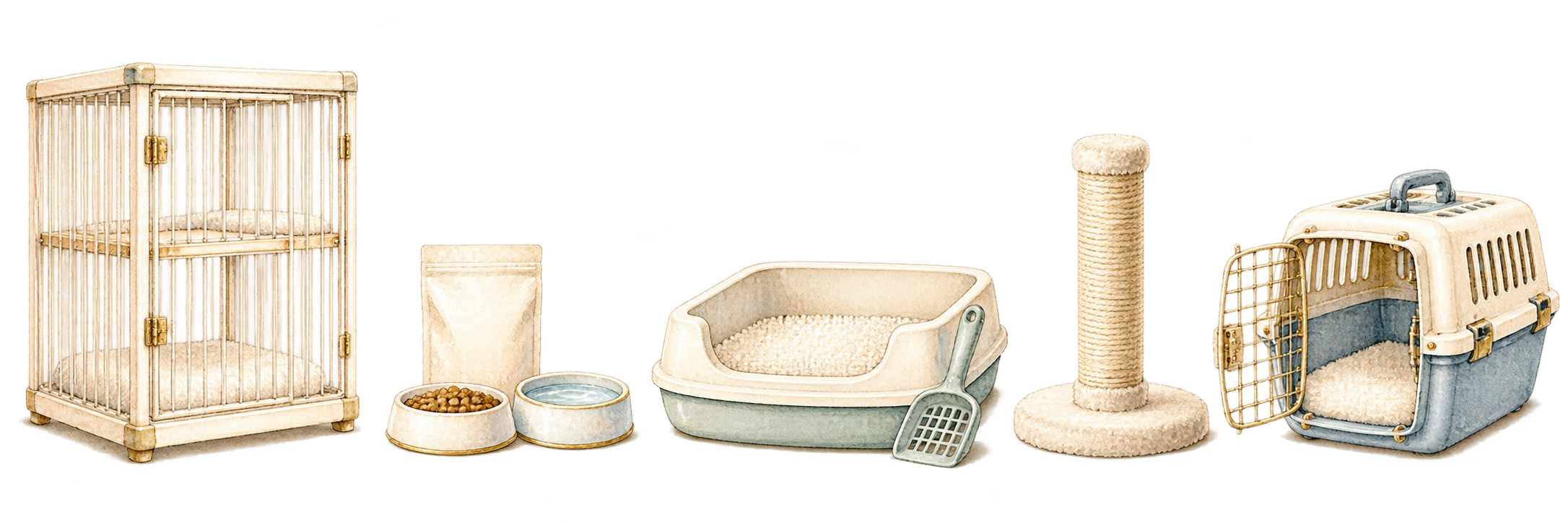 左からケージ、フードと食器と水、トイレと猫砂、爪とぎ、キャリーの5グループ