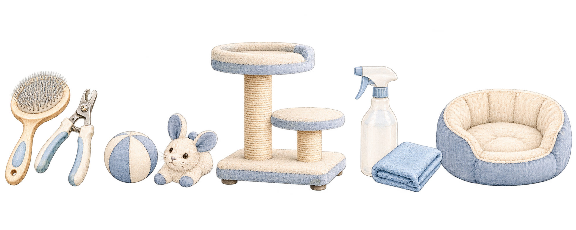 ケア用品、おもちゃ、タワー、清掃用品、猫ベッドの5グループ