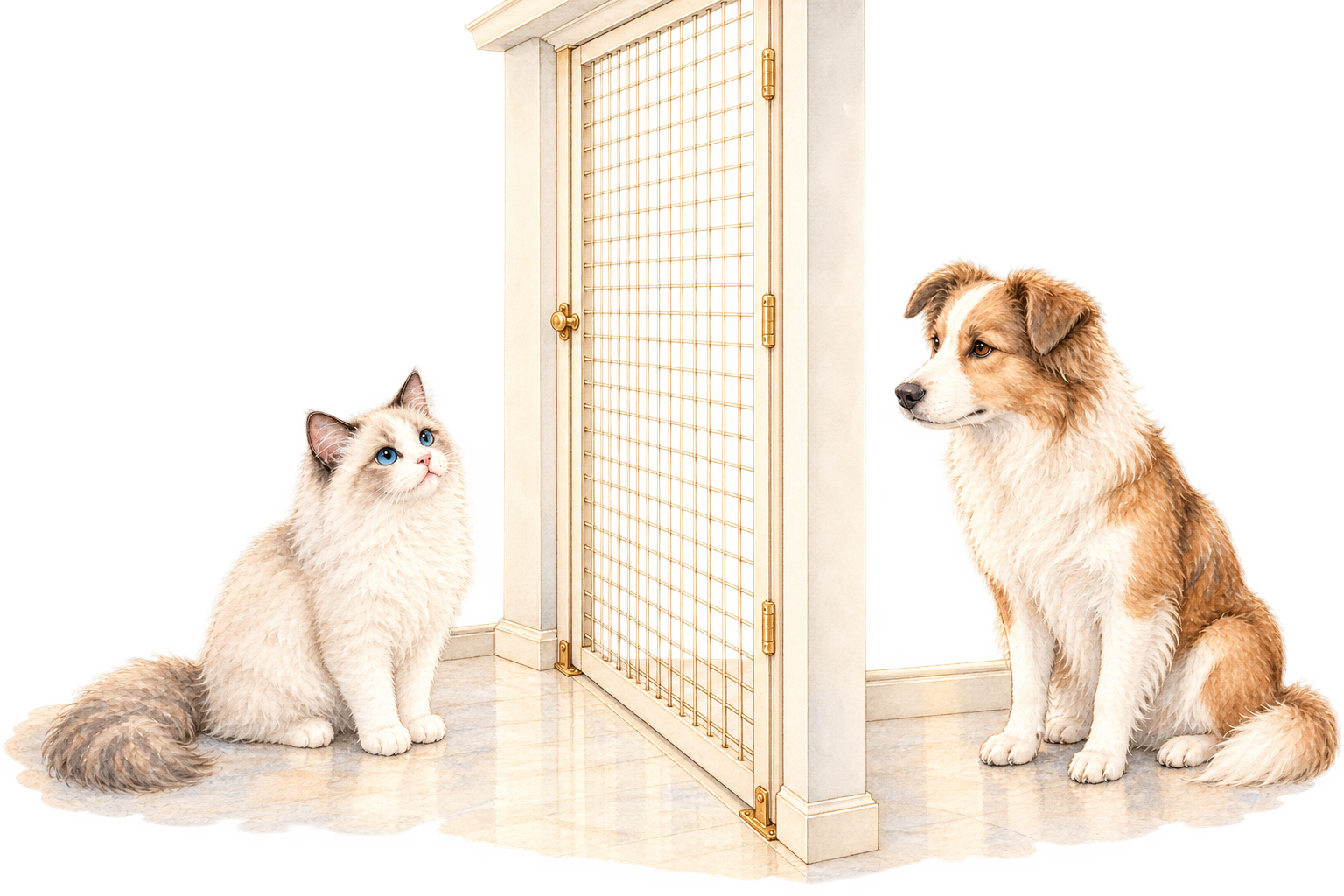閉じた安全な仕切りを挟んで距離を取る犬と猫