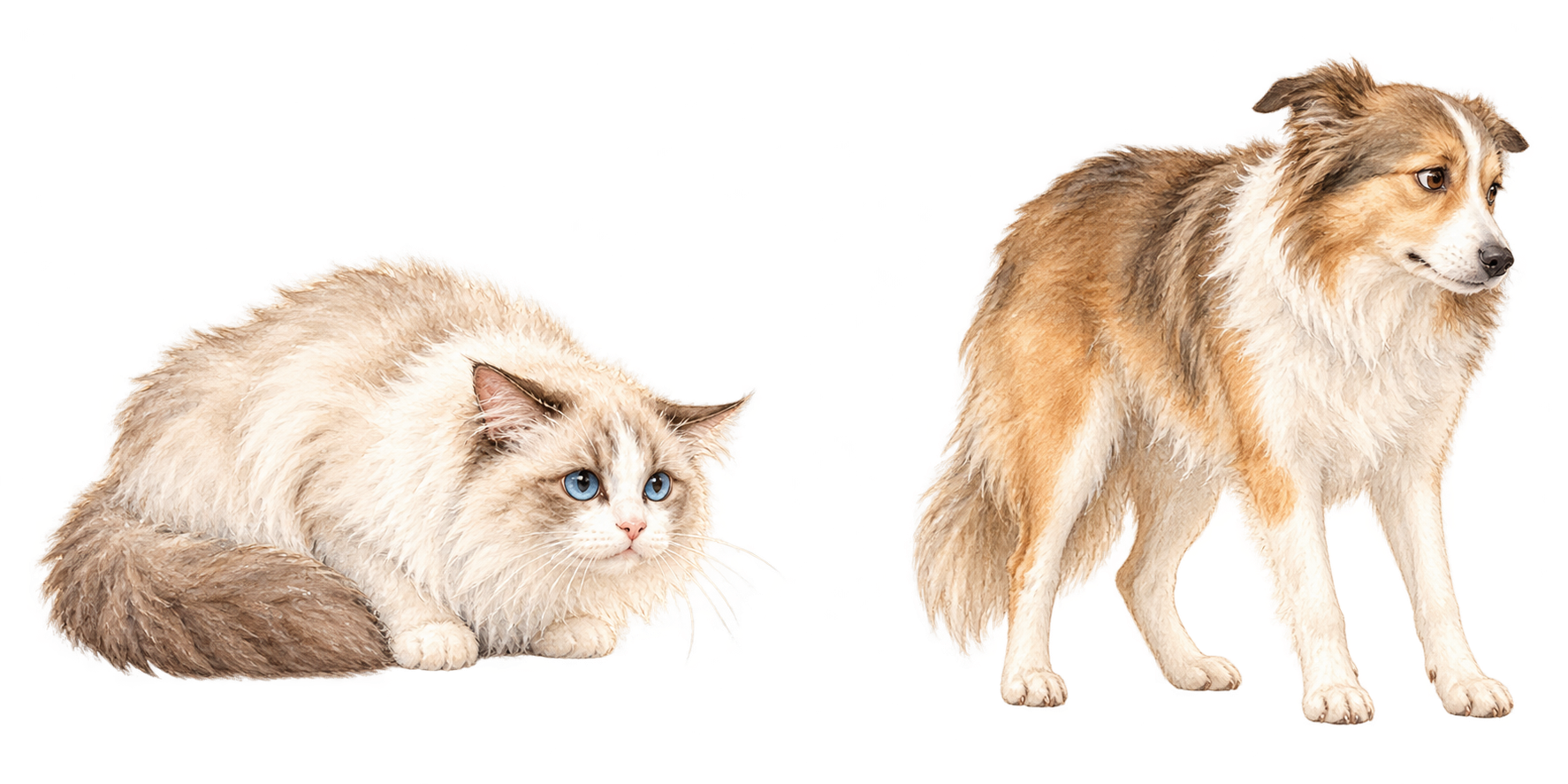 独立した場面で、体の緊張を示す猫と犬