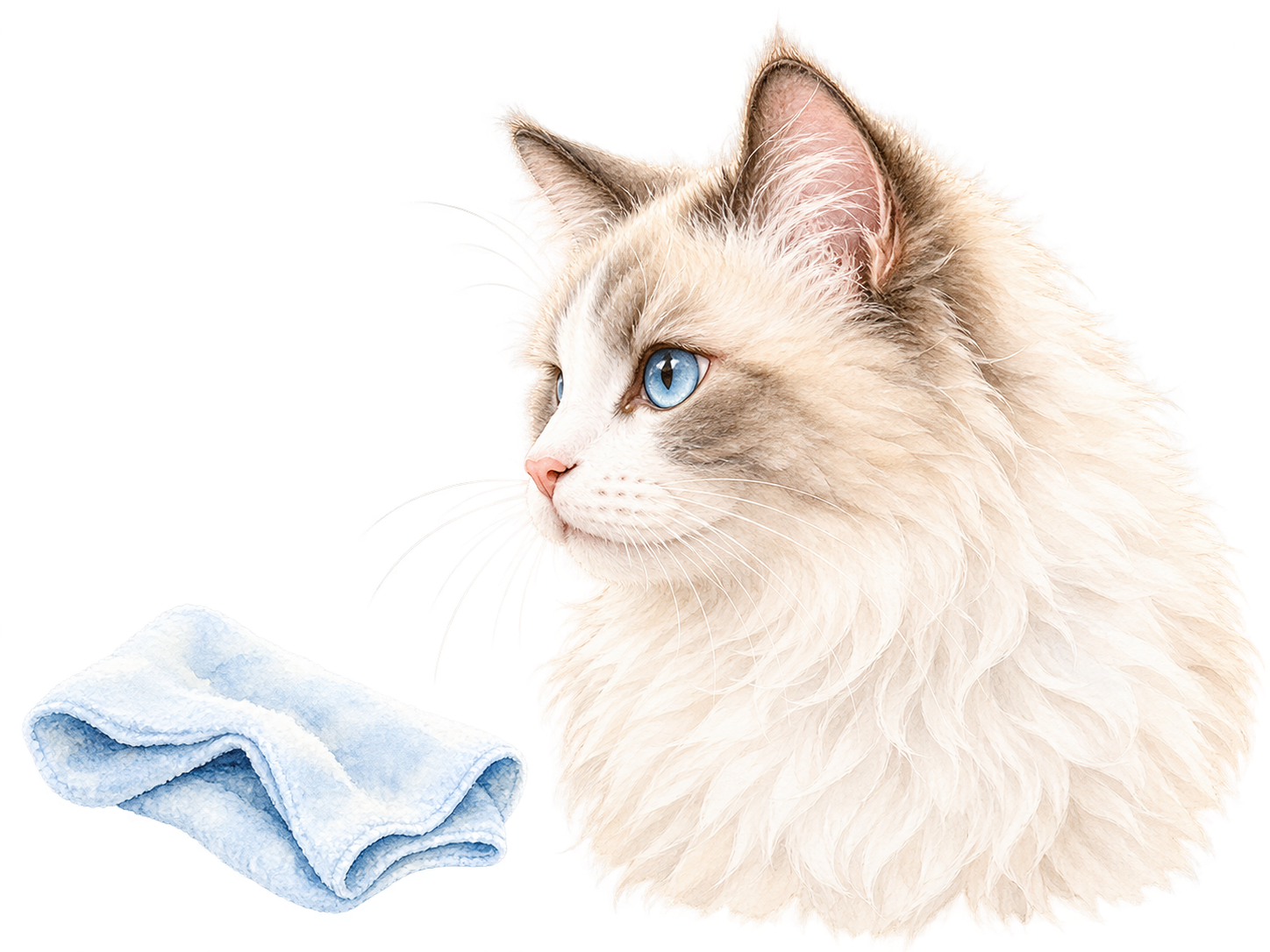 鼻の外側が見える猫の横顔と、少し離した清潔な布