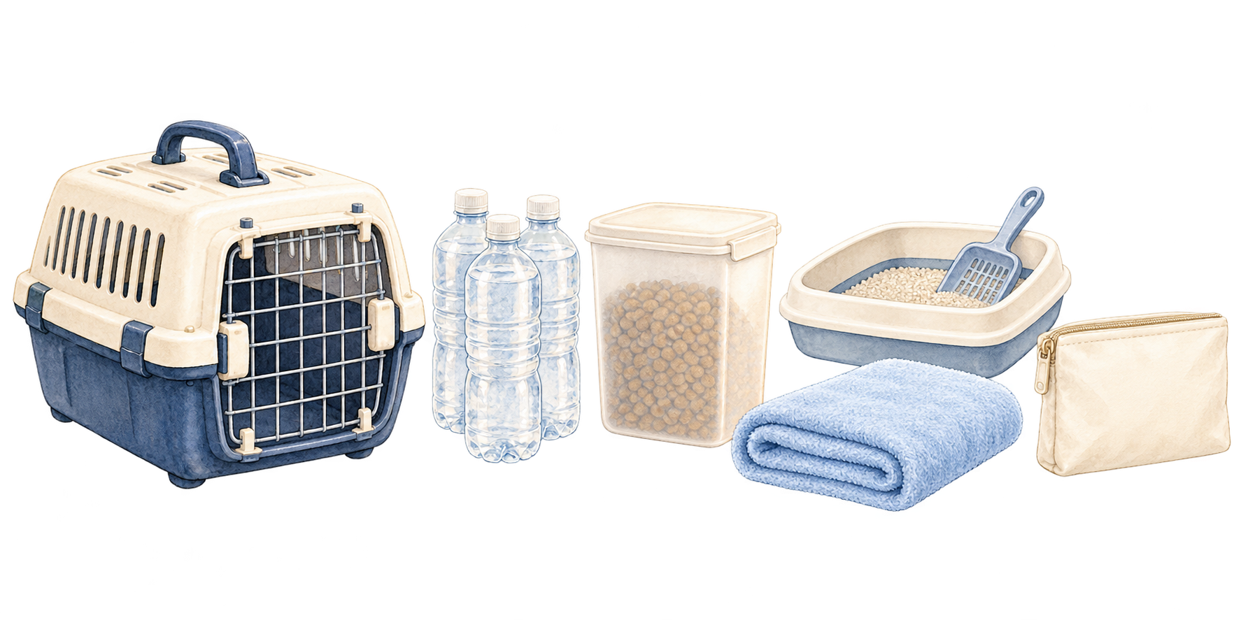 キャリー、水、フード、トイレ用品、タオル、記録袋の備蓄セット