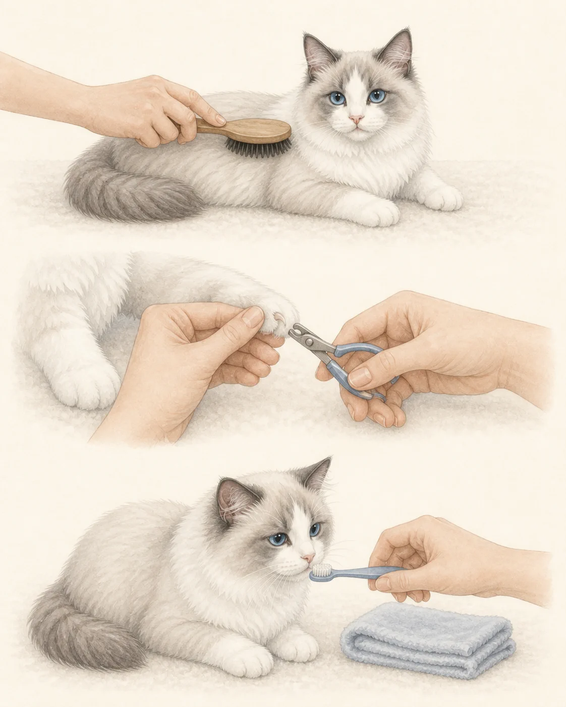 猫用のブラシ、爪切り、歯ブラシで短時間ずつ手入れに慣れる子猫