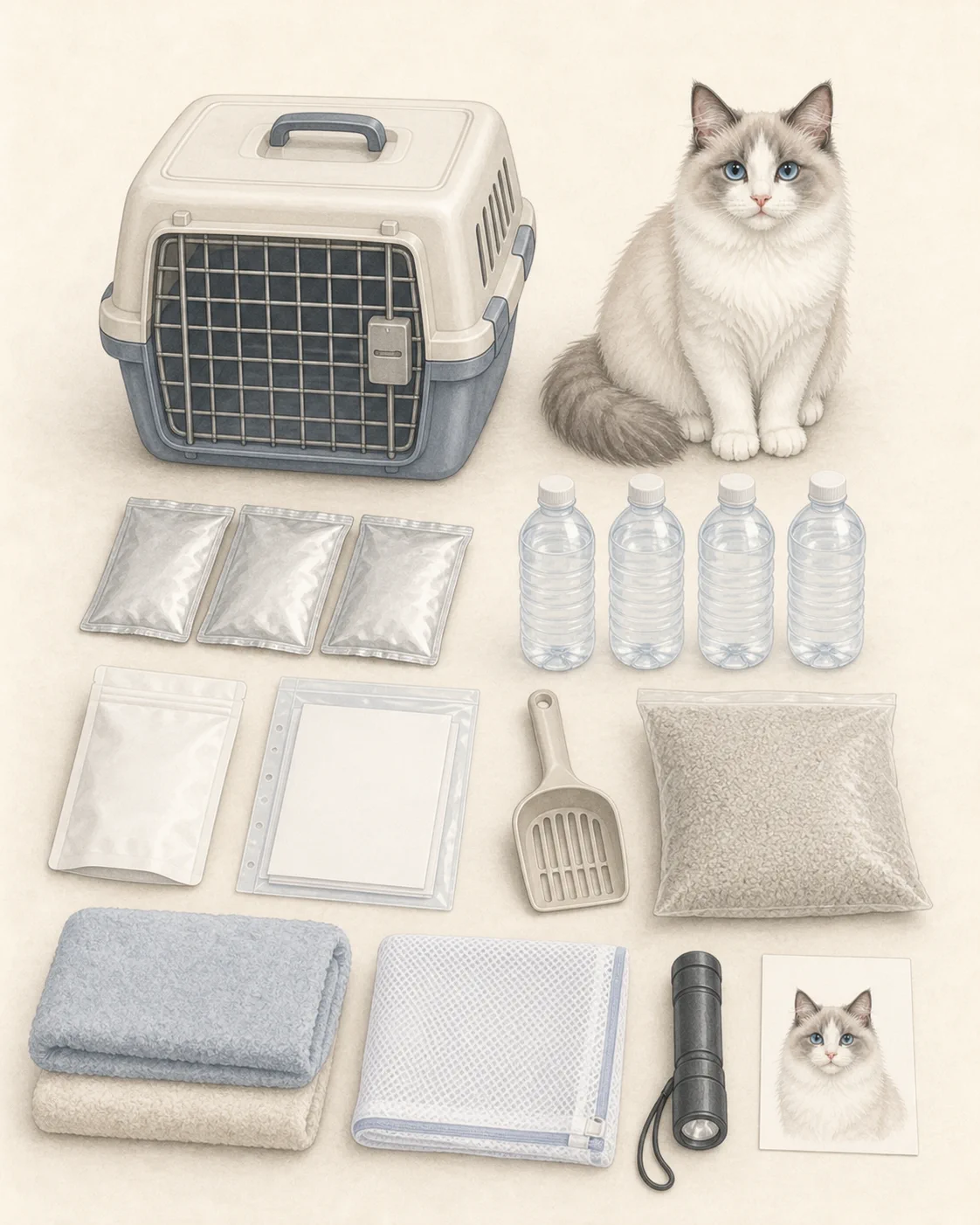 安全なキャリーとフード、水、猫砂、記録などの避難用品