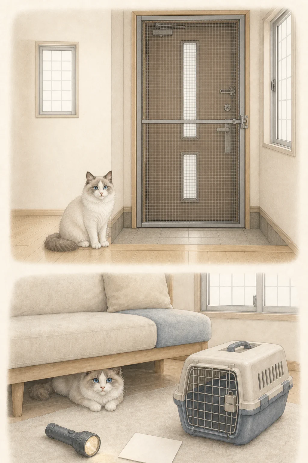 二重の脱走対策と迷子になった猫を静かに探す様子