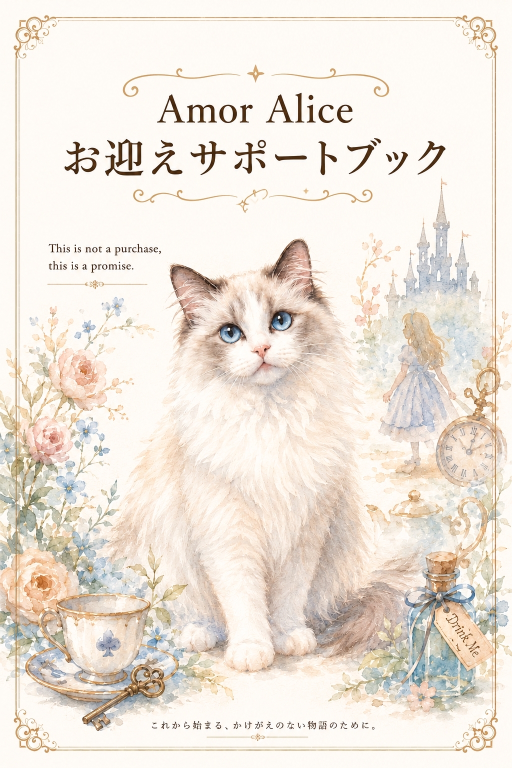 花、ティーカップ、鍵、時計、城、Aliceに囲まれた青い瞳のラグドール